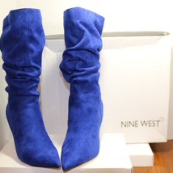 New Nine West MYCKI WOMENS SLOUCHY POINTED TOE MID-CALF BOOTS IN BLUE, - Picture 1 of 5
